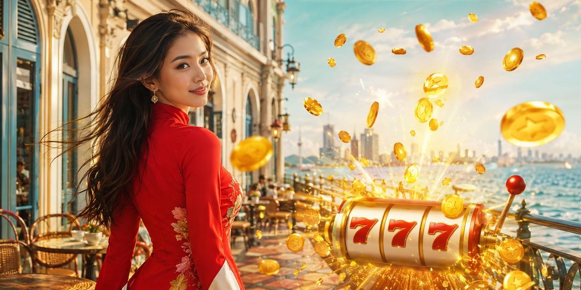 Người phụ nữ mặc áo dài Việt Nam chơi slot game tại TP.HCM trong không gian hiện đại
